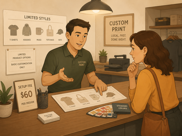 Small business owner discussing limited customization options at a local print shop