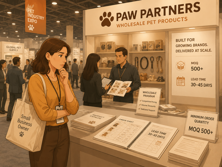 Small business owner comparing wholesale pet products at an industry trade show
