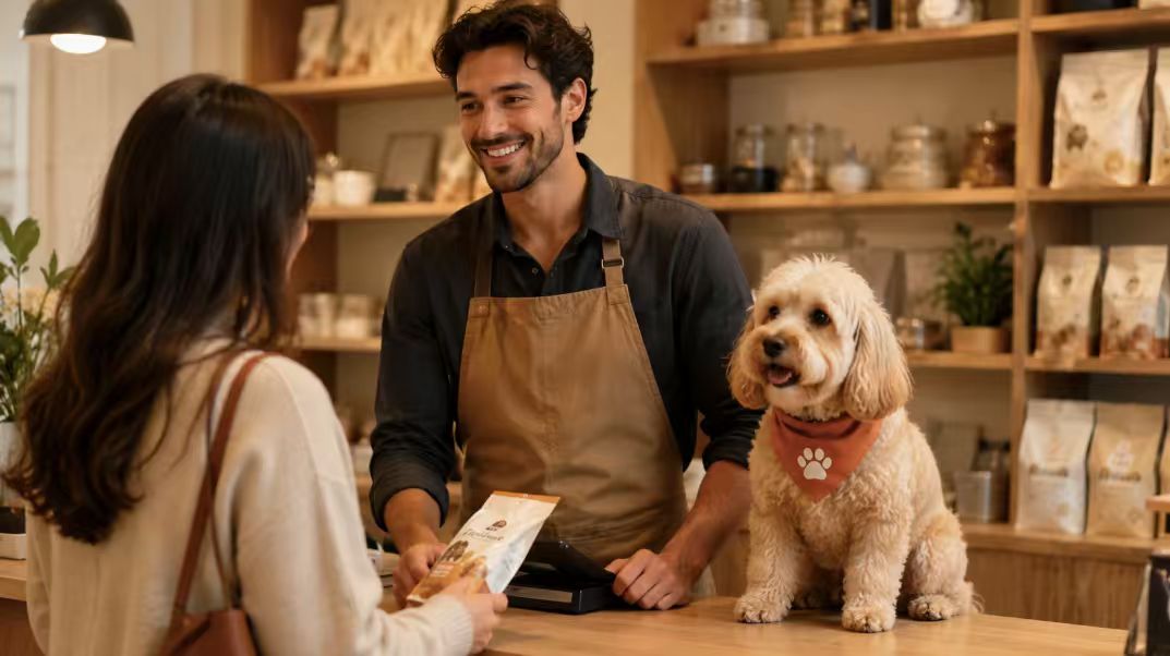 A local pet shop owner serving a customer beside a dog