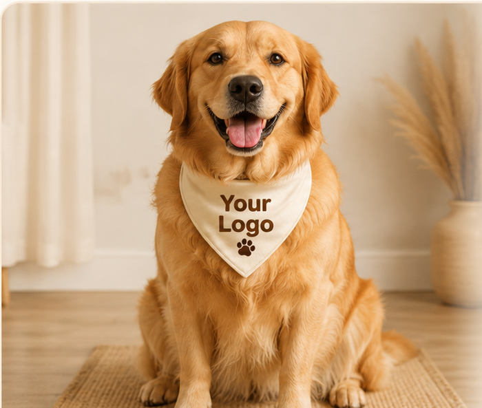 Golden retriever wearing a custom branded bandana