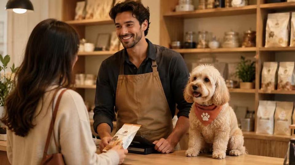 A local pet shop owner serving a customer beside a dog