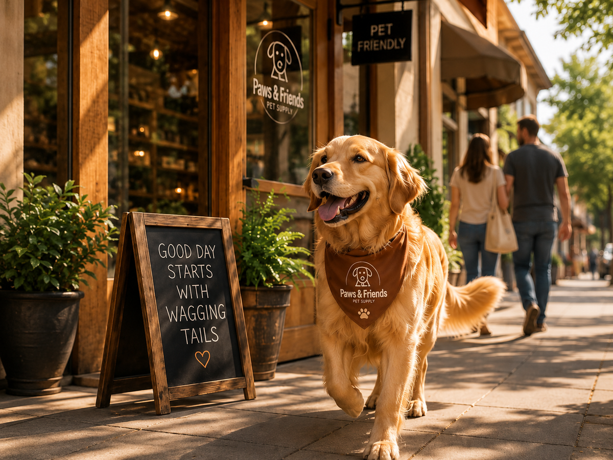Golden retriever outside a pet-friendly local business