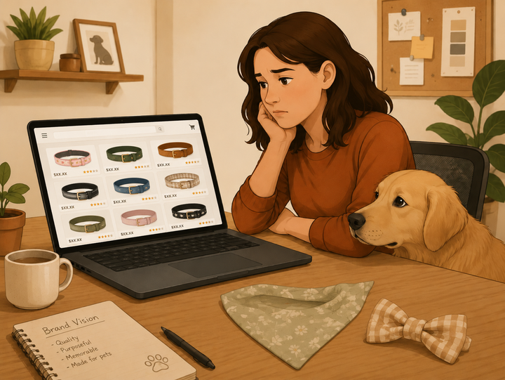 Small pet business owner reviewing generic products on an online marketplace