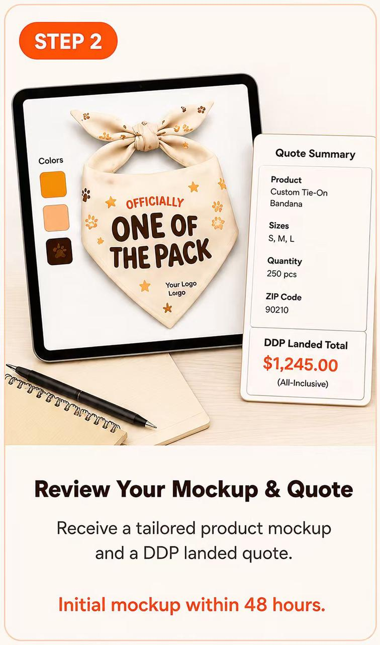 Step 2: Review a tailored bandana mockup and DDP landed quote