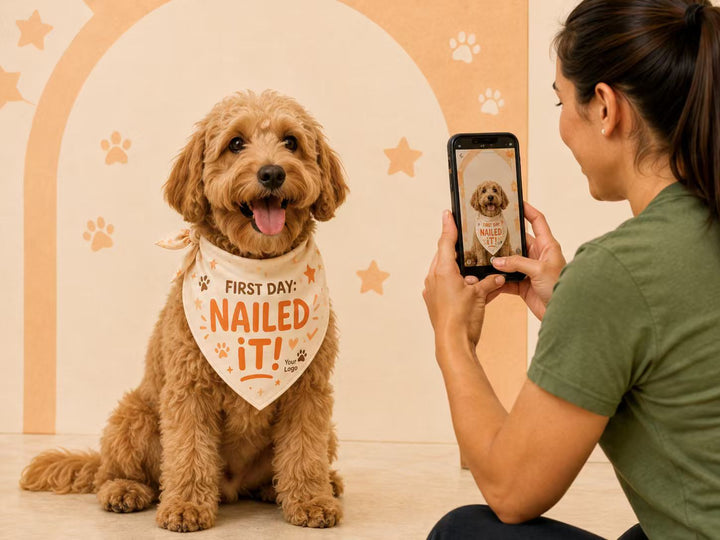 A daycare team member photographing a First Day bandana moment
