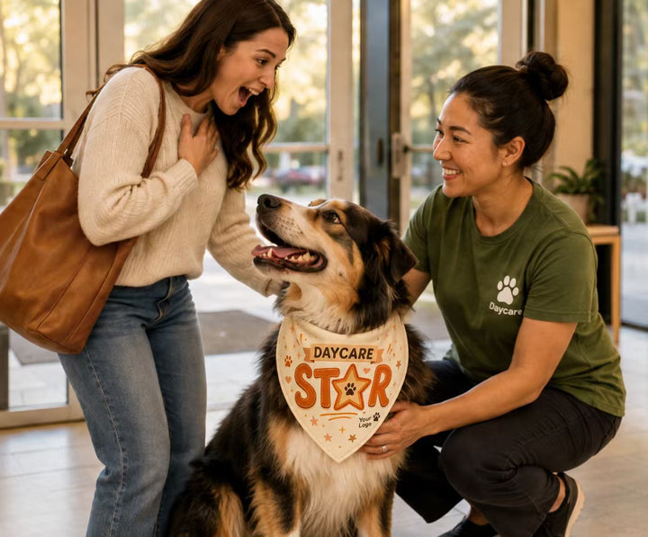 A pet parent delighted by a branded Daycare Star bandana