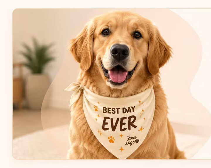 Golden retriever wearing a custom branded bandana
