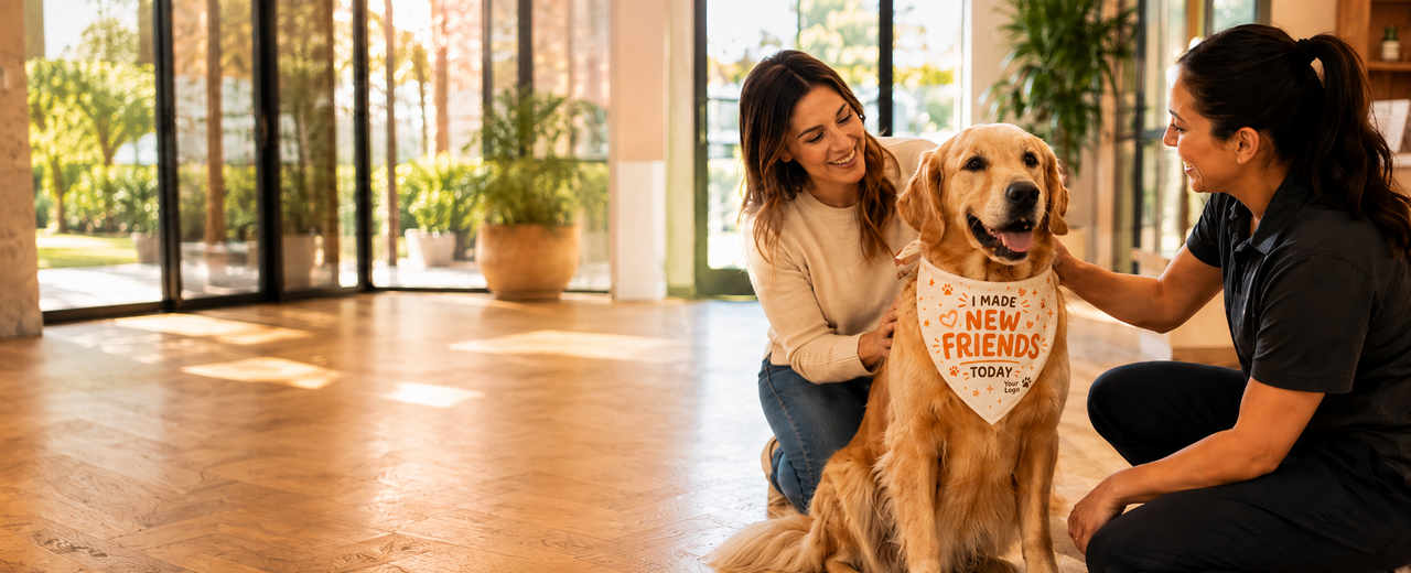 Golden retriever wearing a custom branded bandana with daycare staff