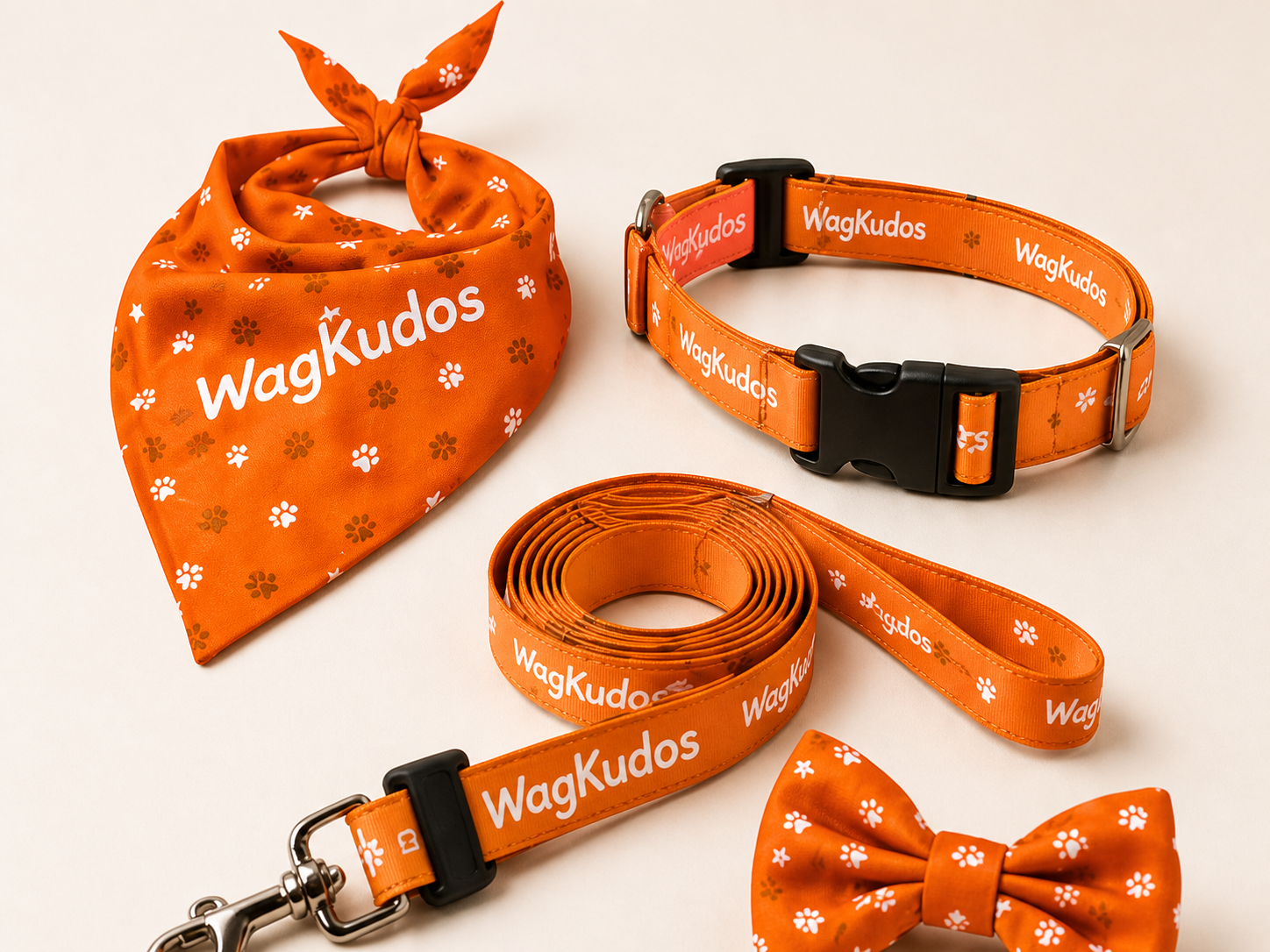 Orange WagKudos bandana, collar, leash and bow tie