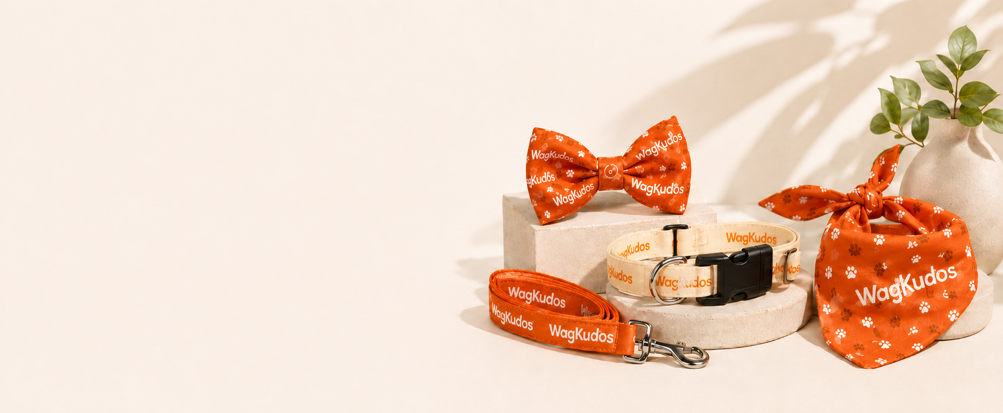 Custom WagKudos bow tie, collar, leash and bandana